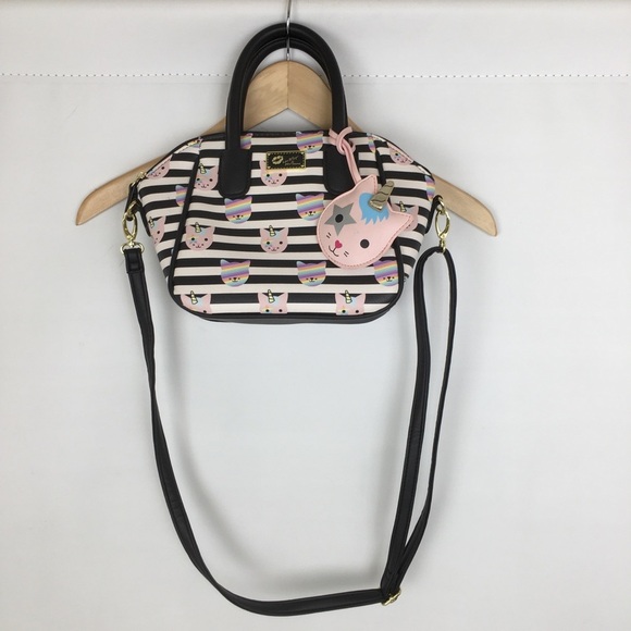 Luv Betsey Betsey Johnson Unicorn Cat Satchel Purse Bag Black White Stripe Small - Picture 2 of 13